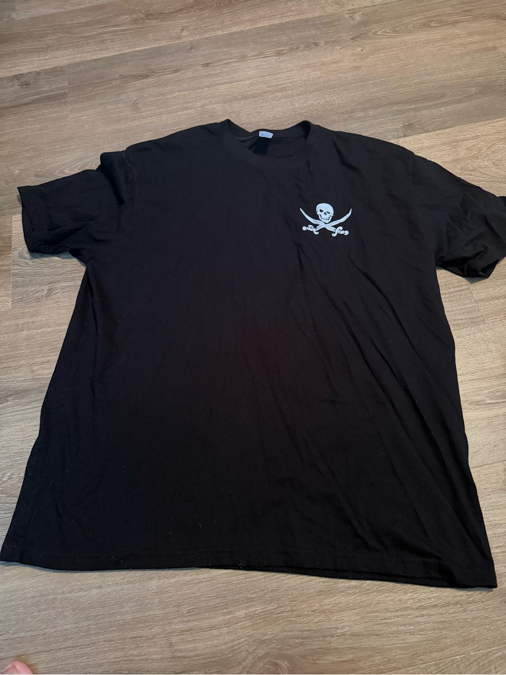Black Short-Sleeve Crewneck Tee with Skull & Crossbones Print front and back